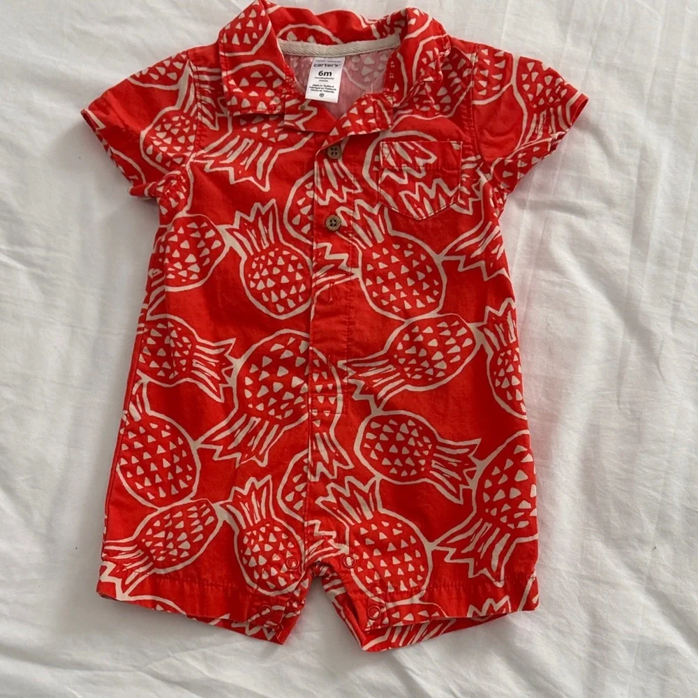 Carter's Red Pineapple Romper + Neutral & Blue Summer Onesies Set 6-months